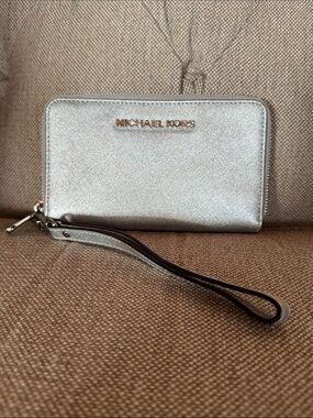 Michael Kors Metallic Silver Zip Wristlet